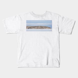 Lake landscape and forest island at winter day Kids T-Shirt